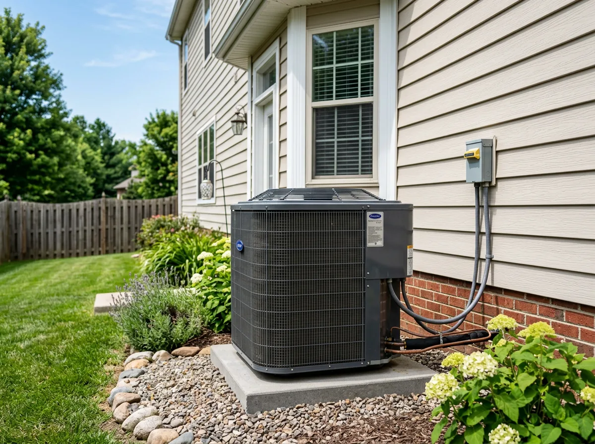 Outdoor air-conditioning unit beside a suburban house and landscaped yard
