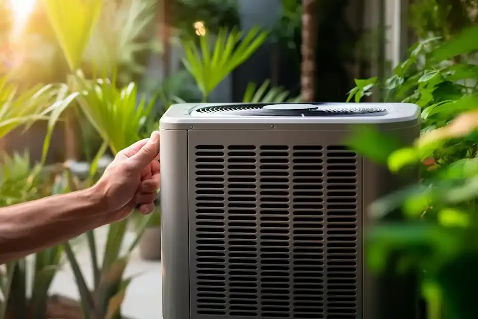 Outdoor heat pump unit installed beside a home