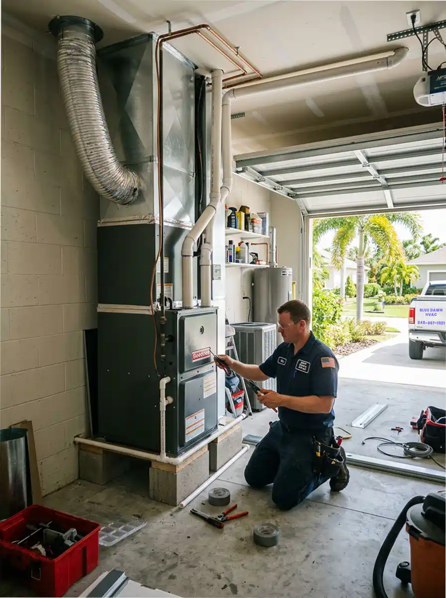 HVAC technician working on a furnace and air handler in a home garage